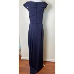 La Femme Ruched Jersey Faux Wrap Evening Gown Navy 25206 Size 8